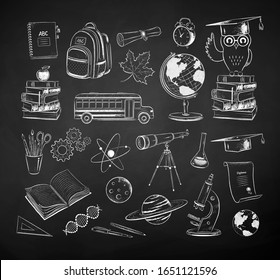 Vector chalk drawn set of science and school illustrations isolated on black chalkboard background.