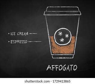 Vector chalk drawn sketch of Affogato coffee recipe in disposable cup takeaway on chalkboard background.