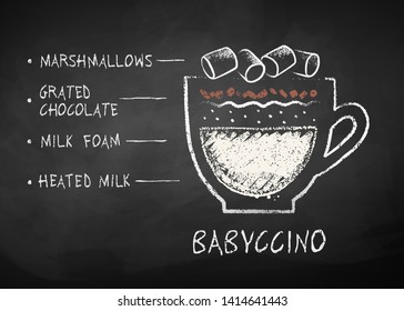 Vector chalk drawn sketch of Babyccino drink recipe on chalkboard background.