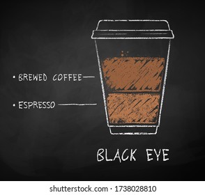 Vector Kreide zeichnete Skizze von Black Eye-Kaffeekaffee Rezept in Einwegbecher nehmen auf Kalkboard-Hintergrund.