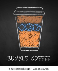 Vector chalk drawn sketch of Bumble Coffee in takeaway cup on chalkboard background.