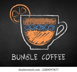 Vector chalk drawn sketch of Bumble Coffee cup on chalkboard background.