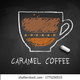 Vector chalk drawn sketch of Caramel coffee with spices on chalkboard background.