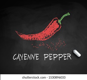 Vector chalk drawn sketch of Cayenne Pepper with piece of chalk on chalkboard background.