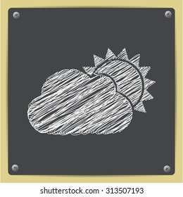 Vector chalk drawn sketch of cloudiness icon on school blackboard  