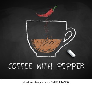 Vector chalk drawn sketch of Coffee with pepper on chalkboard background.