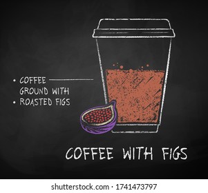 Vector chalk drawn sketch of Coffee with Figs recipe in disposable cup takeaway on chalkboard background.