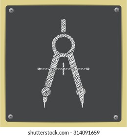 Vector chalk drawn sketch of compasses icon on school blackboard  