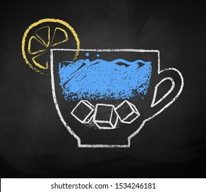 Vector chalk drawn sketch of cup of iced water with lemon on chalkboard background.