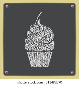 Vector chalk drawn sketch of cupcake with cherry icon on school blackboard  