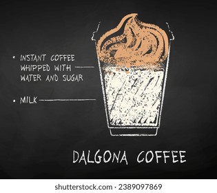 Image vectorielle croquis dessiné à la craie de la recette de café Dalgona dans une tasse à emporter sur fond noir.