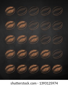 Vector chalk drawn sketch of five coffee roast levels on chalkboard background.