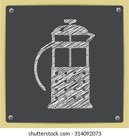 Vector chalk drawn sketch of franch press icon on school blackboard  