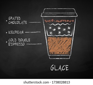 Vector chalk drawn sketch of Glace coffee recipe in disposable cup takeaway on chalkboard background.