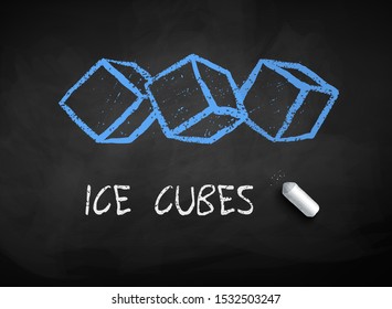Vector chalk drawn sketch of ice cubes on chalkboard background with piece of chalk.