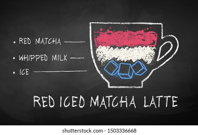 Vector chalk drawn sketch of iced Red Matcha Latte recipe on chalkboard background.