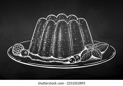 Vektorkreide gezeichnet Skizze von Jelly Dessert auf Teller. Vintage-Stilzeichnung einzeln auf Chalkboard-Hintergrund.