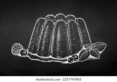 Vector chalk drawn sketch illustration of Jelly Dessert. Vintage style drawing isolated on chalkboard background.