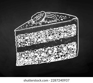 Vector chalk drawn sketch illustration of Carrot Cake. Vintage style drawing isolated on chalkboard background.