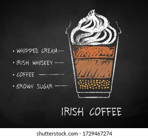 Vector chalk drawn sketch of  Irish coffee recipe in disposable cup takeaway on chalkboard background.