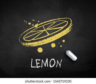 Vector chalk drawn sketch of lemon slice on chalkboard background.