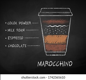 Vector Kreide zeichnete Skizze des Marocchino-Kaffeerezeptes in Einwegbecher-Abnahme auf Kalkboard-Hintergrund.