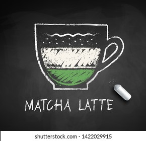 Vector chalk drawn sketch of Matcha Latte with piece of chalk on chalkboard background.