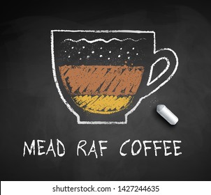 Vector chalk drawn sketch of Mead Raf coffee on chalkboard background with piece of chalk.