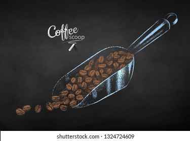 Vector chalk drawn sketch of metal coffee scoop with pile of beans on chalkboard background.