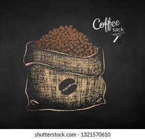 Vector chalk drawn sketch of open sack with coffee beans on chalkboard background.