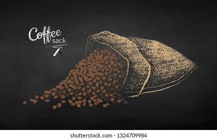 Vector chalk drawn sketch of open sack with coffee beans on chalkboard background.