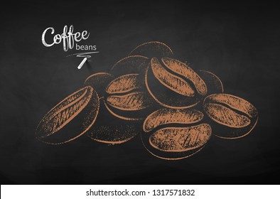 Vector chalk drawn sketch of pile of coffee beans on chalkboard background.