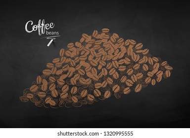 Vector chalk drawn sketch of pile of coffee beans on chalkboard background.