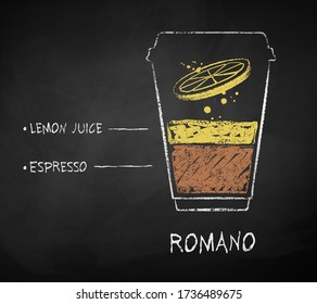 Vector chalk drawn sketch of Romano coffee recipe in disposable cup takeaway on chalkboard background.