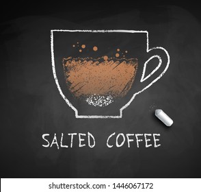 Vector chalk drawn sketch of Salted Coffee coffee with piece of chalk on chalkboard background.