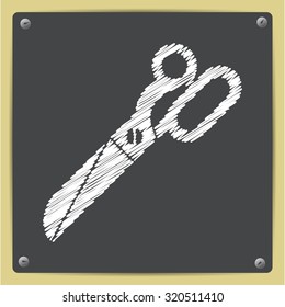 Vector chalk drawn in sketch style tailor scissors icon on school blackboard 