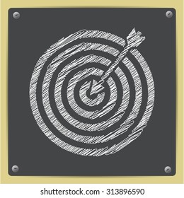 Vector chalk drawn sketch of target with dart icon on school blackboard  