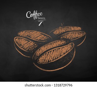 Vector chalk drawn sketch of three coffee beans on chalkboard background.