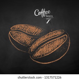 Vector chalk drawn sketch of two coffee beans on chalkboard background.