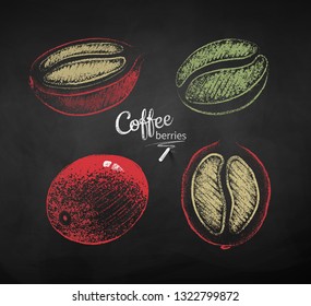 Vector chalk drawn sketches set of whole and half cut coffee berry with bean on chalkboard background.