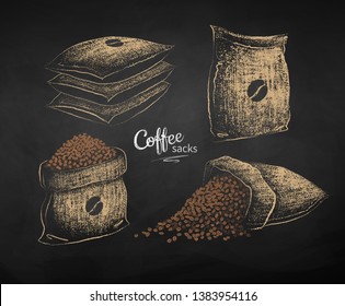 Vector chalk drawn sketches set of sacks with coffee beans on chalkboard background.