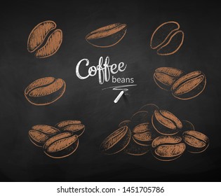 Vector chalk drawn sketches set of coffee beans on chalkboard background.