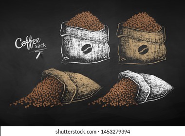 Vector chalk drawn sketches set of sacks with coffee beans on chalkboard background.