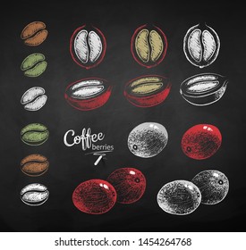 Vector chalk drawn sketches set of coffee berries and beans on chalkboard background.