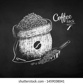 Vector chalk drawn sketches set of sacks with coffee beans on chalkboard background.