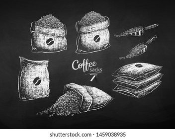 Vector chalk drawn sketches set of sacks with coffee beans on chalkboard background.