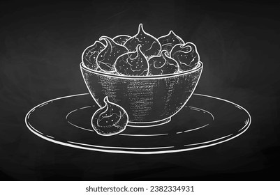 Vector chalk drawn sketchy illustration of meringue cookies on plate on chalkboard background