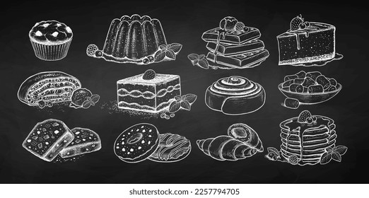 Vector chalk drawn sketchy illustrations set of desserts and sweet food. Vintage style drawing isolated on chalkboard background.