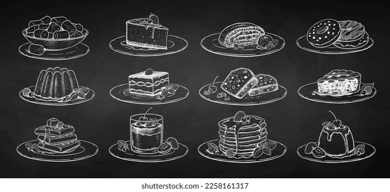 Vector chalk drawn sketchy illustrations set of desserts and sweet food on plates. Vintage style drawing isolated on chalkboard background.