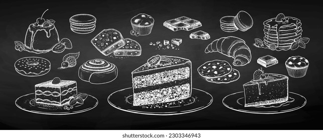 Dibujo de tiza vectorial ilustraciones esquemáticas conjunto de postres y comida dulce en el fondo de la pizarra